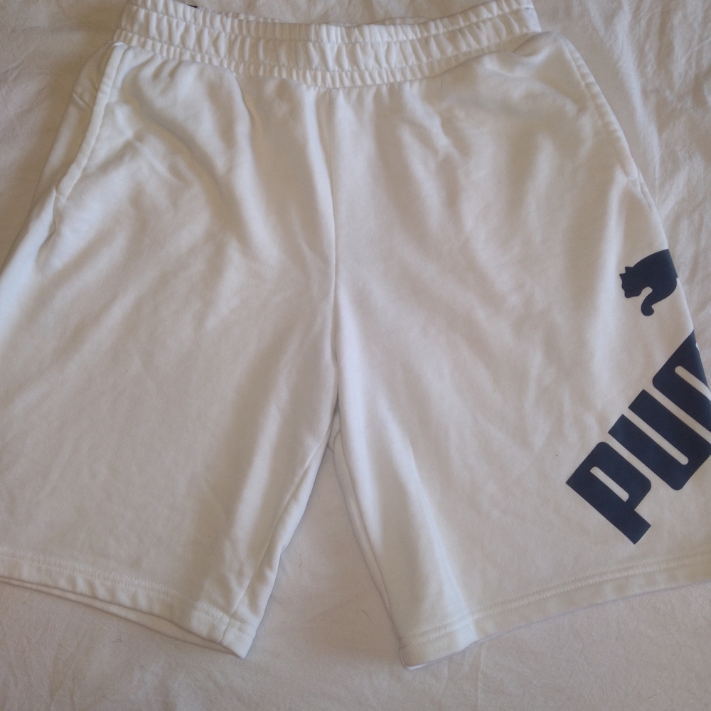 Puma Men’s White Athletic Shorts with Navy Logo Activewear Summer Casual